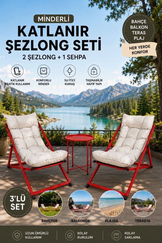 ŞEZLONG KATLANIR 2+1 SET KIRMIZI