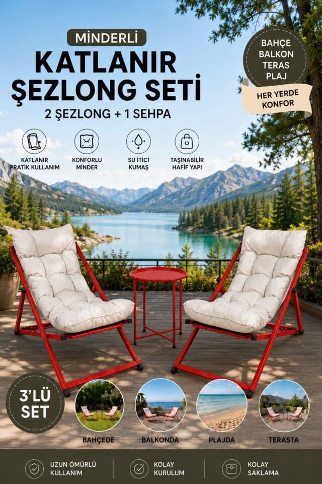 ŞEZLONG KATLANIR 2+1 SET KIRMIZI