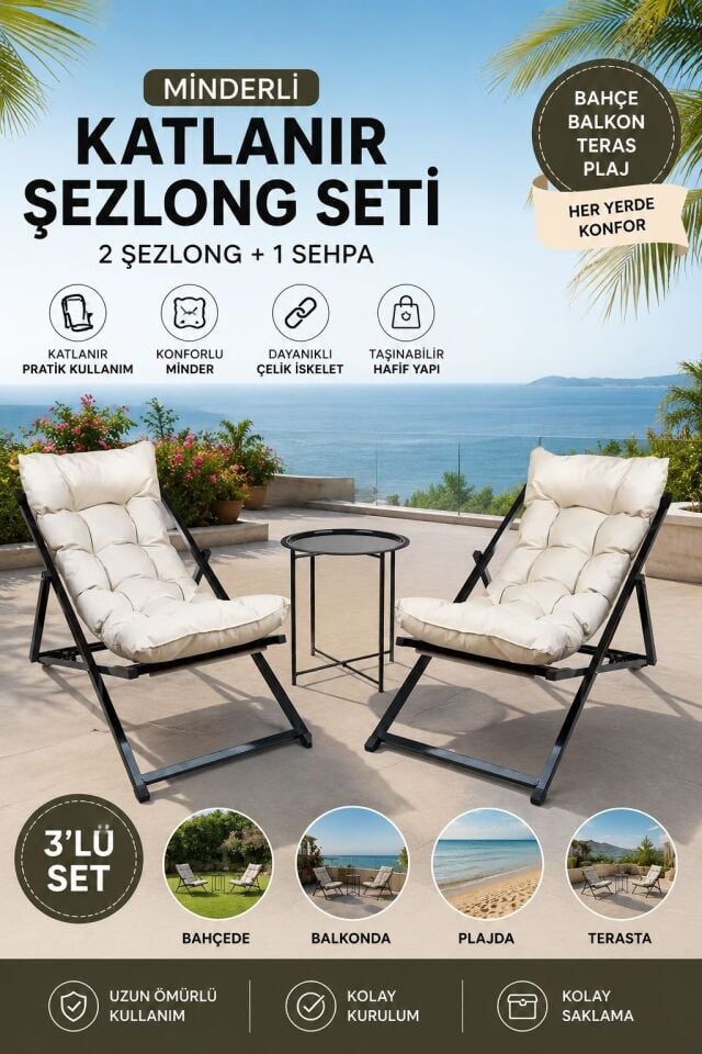 ŞEZLONG KATLANIR 2+1 SET SİYAH