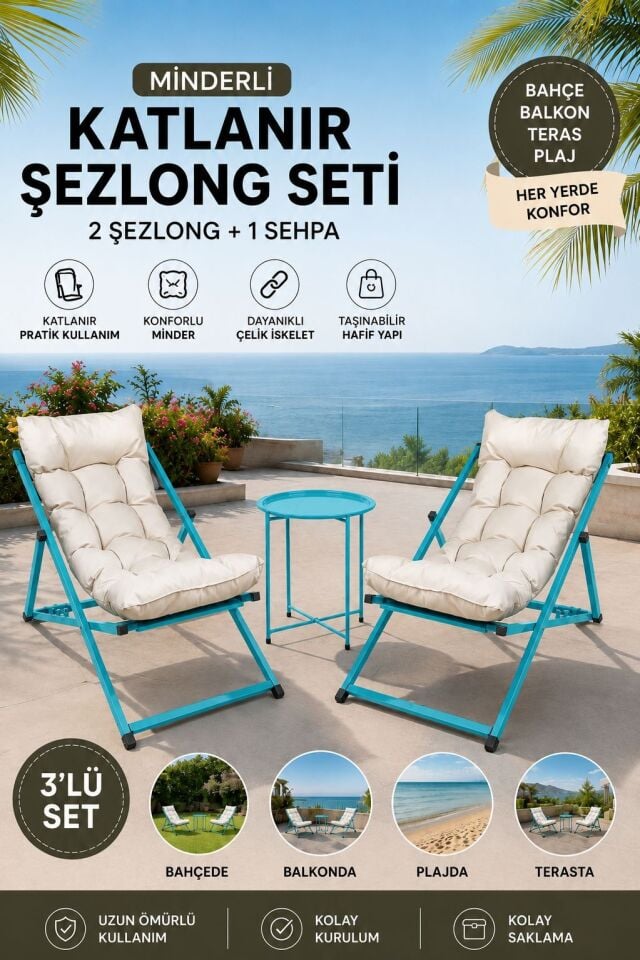 ŞEZLONG KATLANIR 2+1 SET TURKUAZ