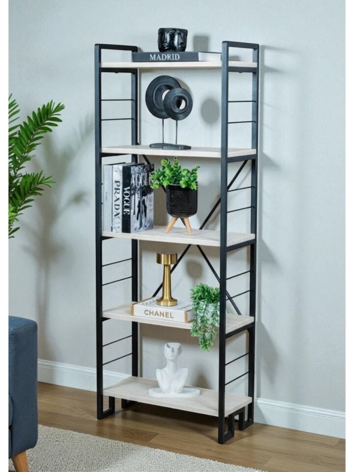 KİTAPLIK AHŞAP 5 RAFLI TRAVERTEN 60x155x30CM