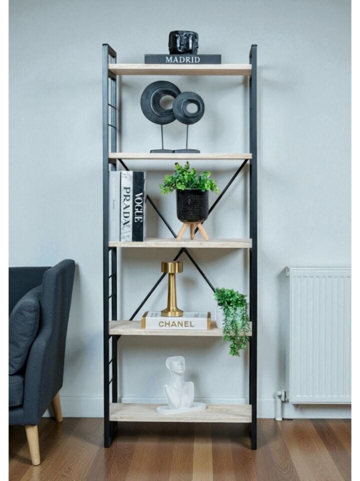 KİTAPLIK AHŞAP 5 RAFLI TRAVERTEN 60x155x30CM