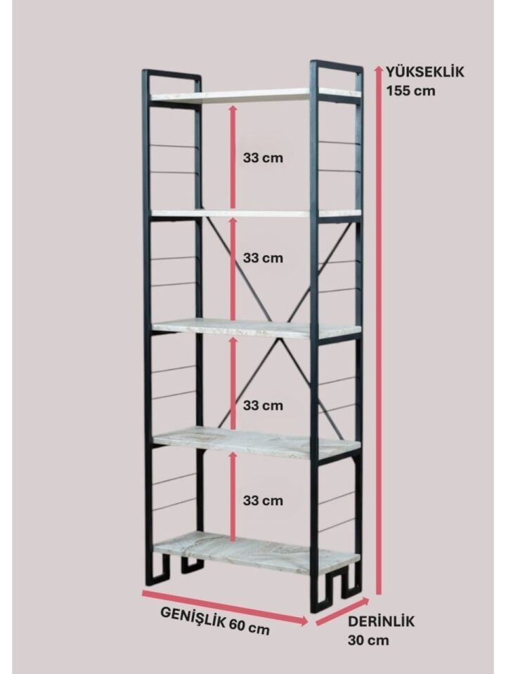 KİTAPLIK AHŞAP 5 RAFLI TRAVERTEN 60x155x30CM