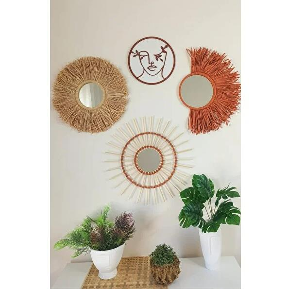 AYNA SETİ 4LÜ BAMBU ÇERÇEVE KİREMİT RAFYA