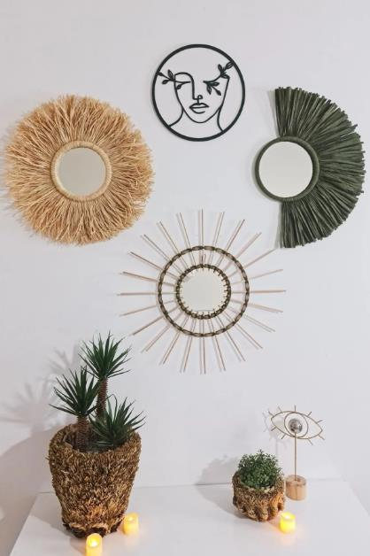 AYNA SETİ 4LÜ BAMBU ÇERÇEVE YEŞİL RAFYA