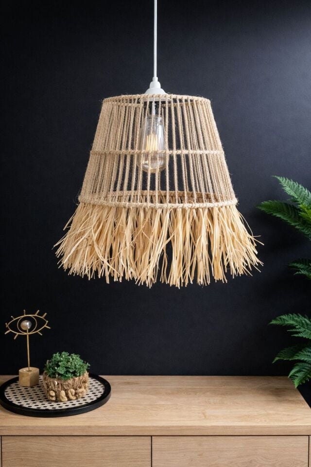 AVİZE BOHEM KAFES MODEL SAÇAKLI RAFYA  Y:35 Ç:30