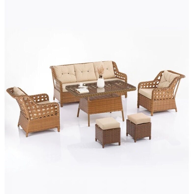 NET*/OTURMA GRUBU EREN 3+1+1 PUFLU RATTAN KAHVE