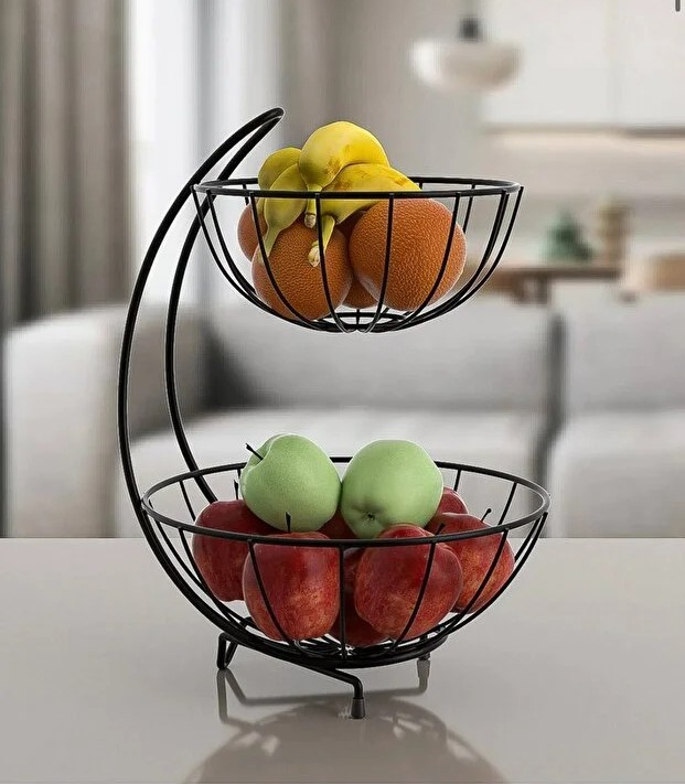 MEYVELİK SEPET METAL İKİ KATLI SİYAH