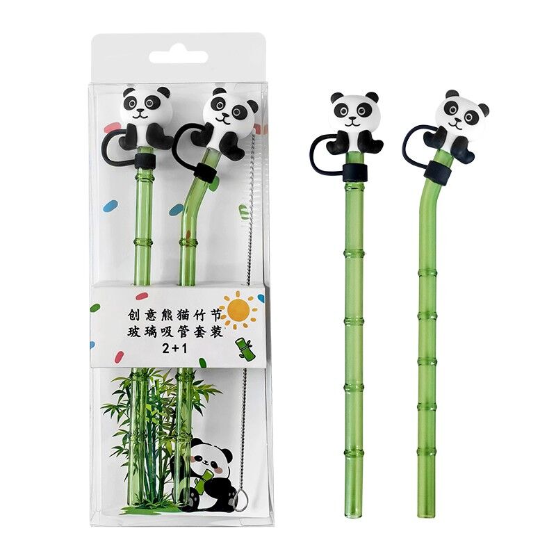 PİPET CAM BAMBU TASARIM PANDA KAPAKLI 2Lİ