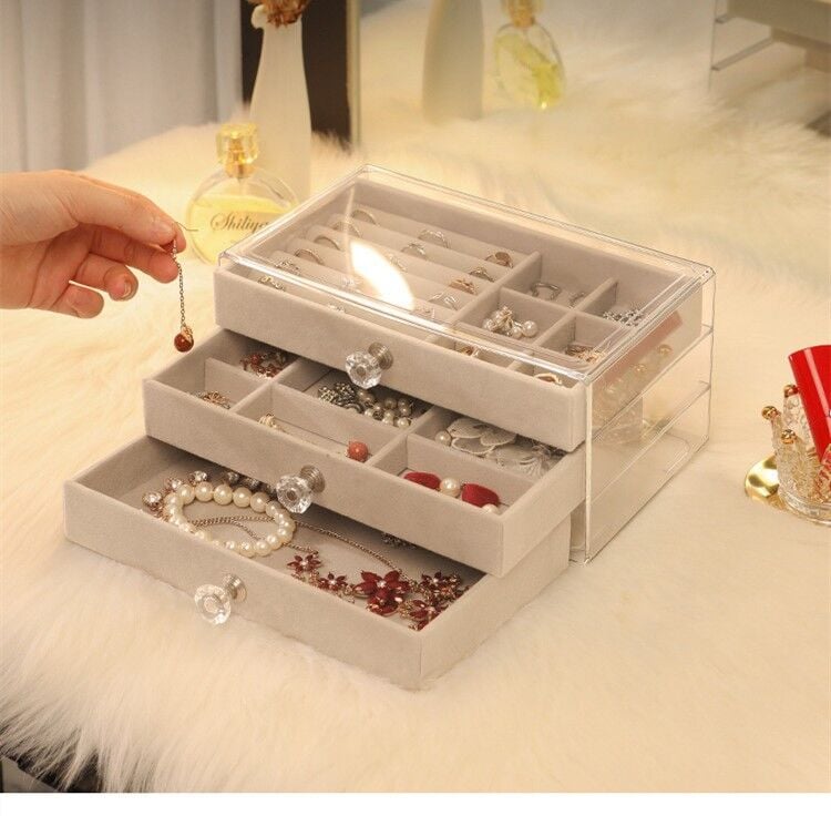ORGANİZER KAPAKLI LÜKS KADİFE TAKI KUTUSU 3 KATLI