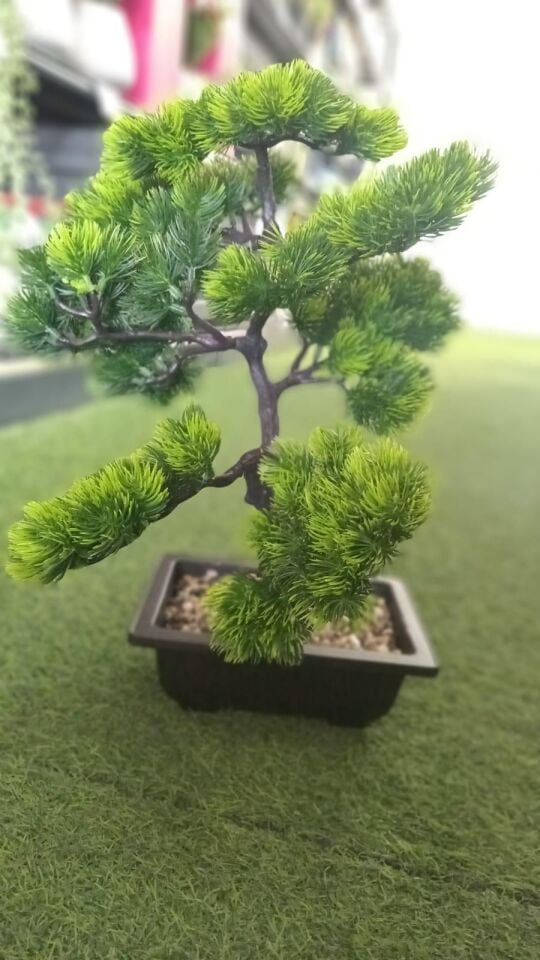 YAPAY BONZAİ AĞACI ÇAKIL KARE SAKSI KOYUYEŞİL 38CM