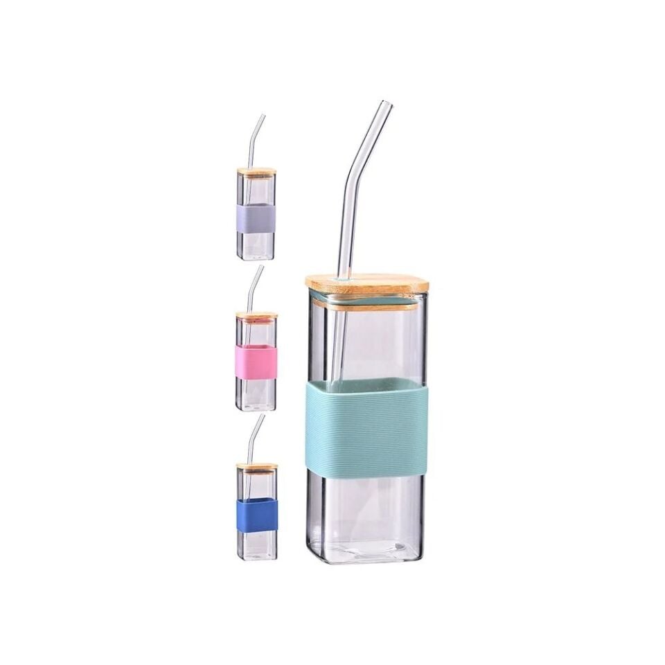 KUPA CAM PİPETLİ BAMBU KAPAKLI KARE 400ML