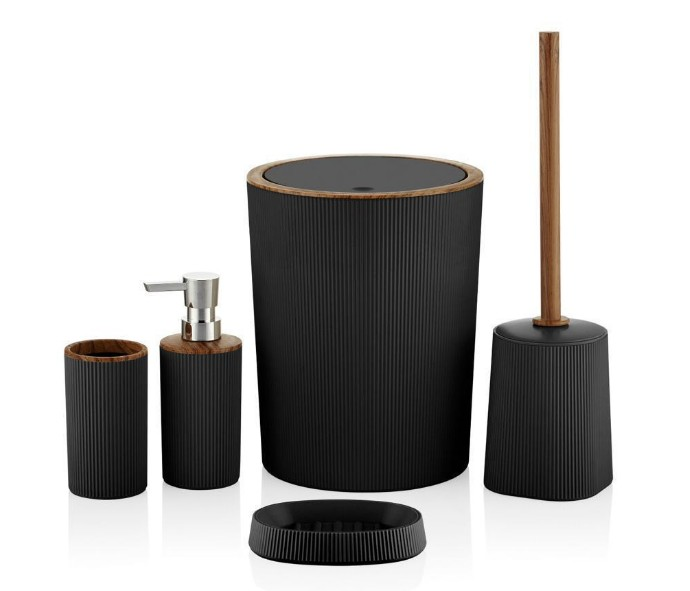 ORT-BANYO SETİ 5Lİ DANZEL ÇİZGİLİ YUV. AHŞAP SİYAH