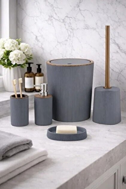 ORT-BANYO SETİ 5Lİ DANZEL ÇİZGİLİ YUV. AHŞAP GRİ