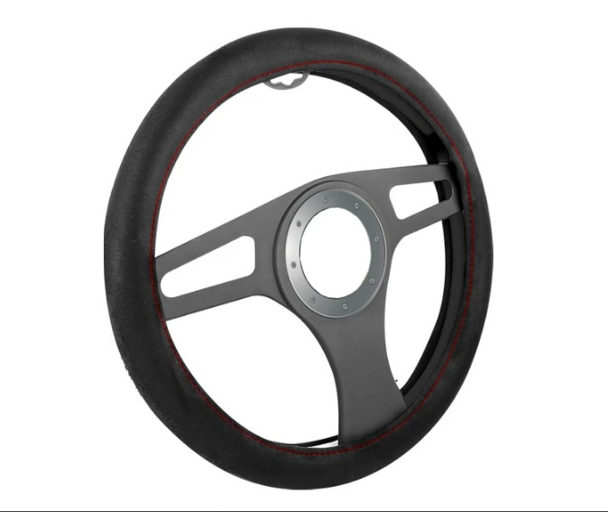 DİREKSİYON KILIFI SÜET SİYAH KIRMIZI DİKİŞ AUT