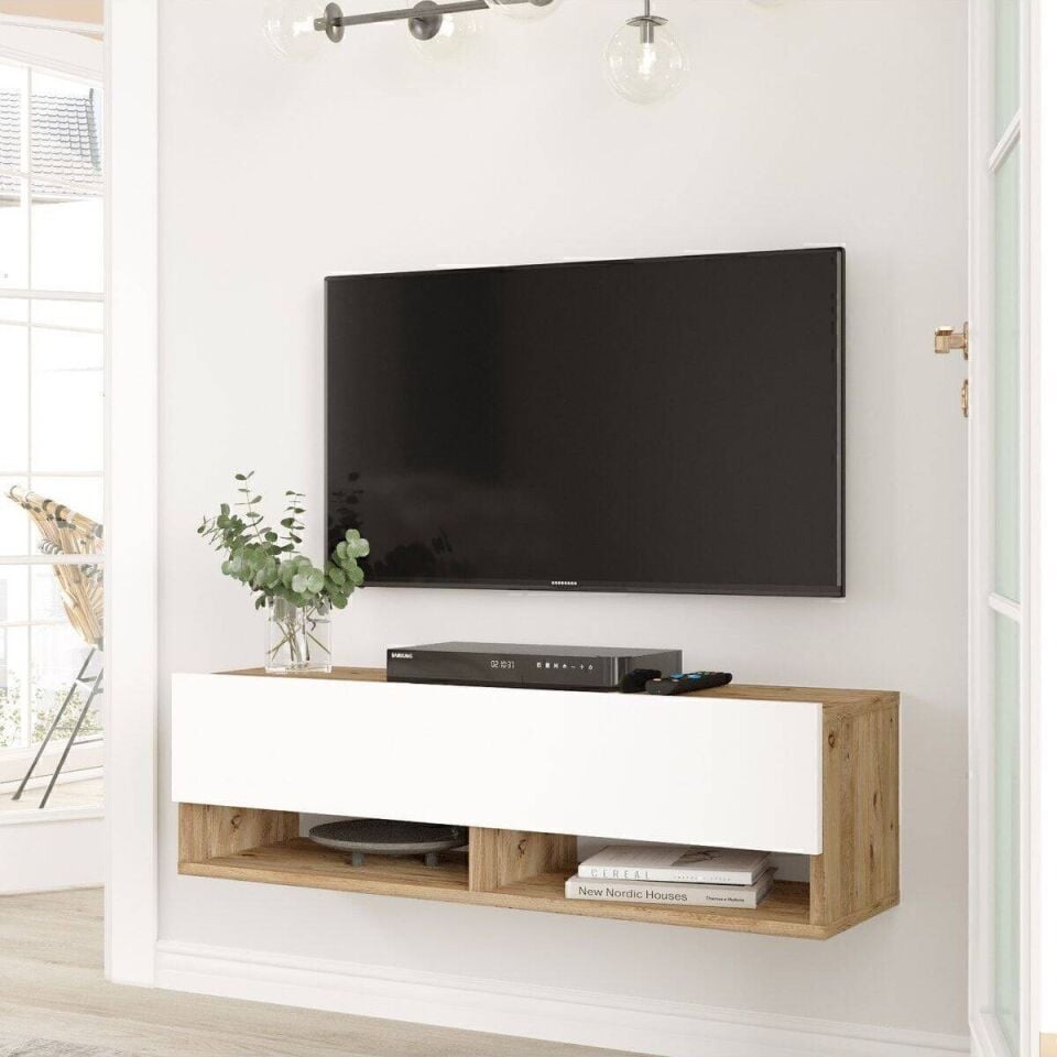 TV ÜNİTESİ DUVAR 1000x316x296MM ÇAM/BEYAZ