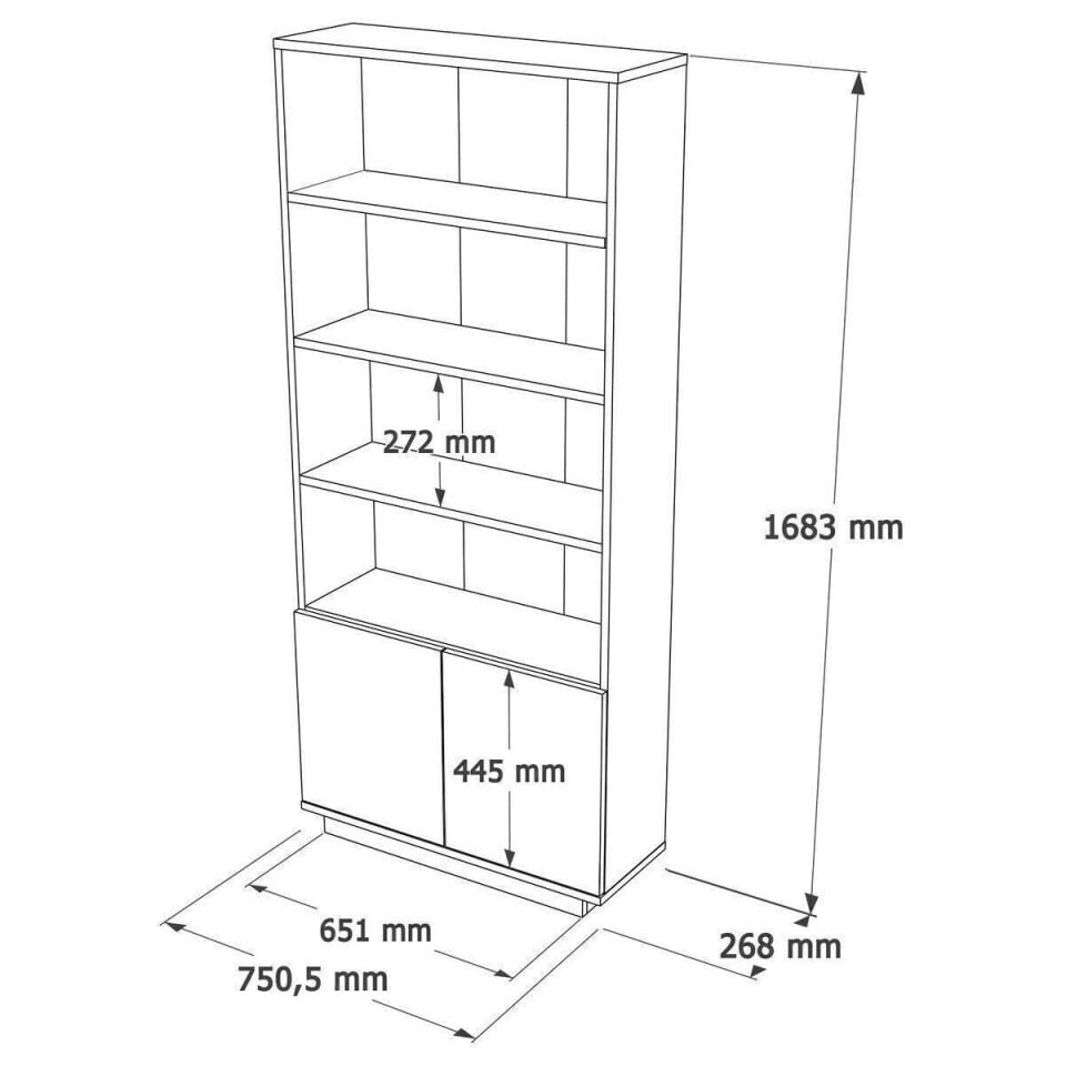 KİTAPLIK 2 KAPAK 4 RAFLI 268x750,5x1683MM ANTRASİT